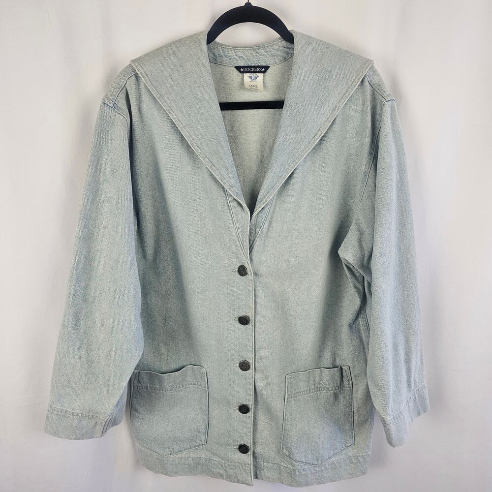 DOCKERS VTG 90s USA Denim Chore Jacket Sailor Yoke Light Wash Workwear Mens L